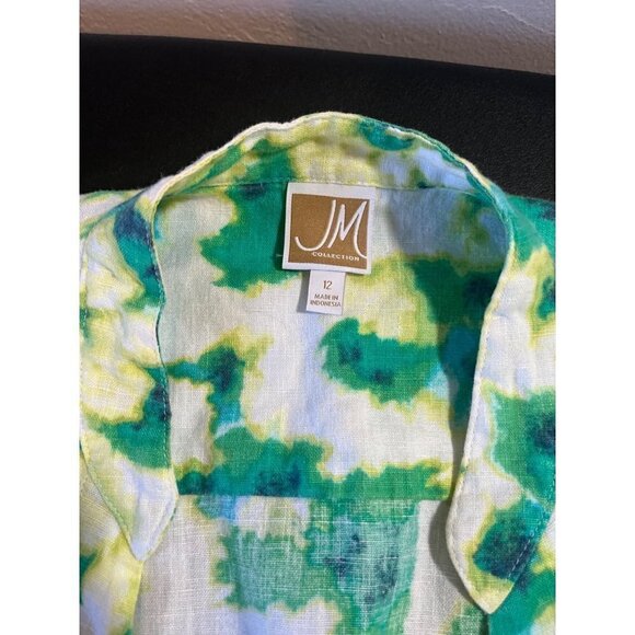 JM Collection 100% Linen Button Up Shirt Ruched Sleeve Colorful Floral Womens 12 - Picture 6 of 7